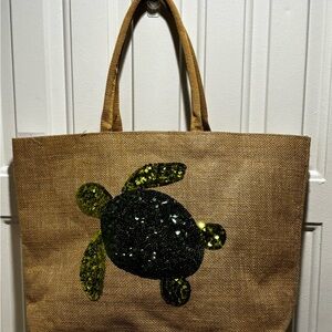 Sequin Turtle Jute Tote Bag - Brown and Green